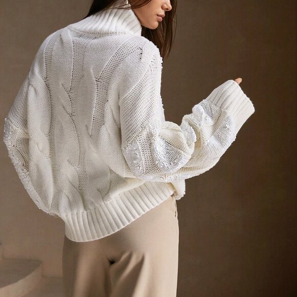 White Casual Women's Loose Fit High Neck Sequin Knit Pullover Sweater - Picture 2 of 6